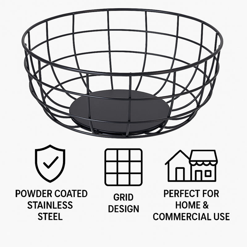 REGENT KITCHEN ROUND STEEL WIRE FRUIT BASKET POWDER COATED BLACK, (240MM DIA)