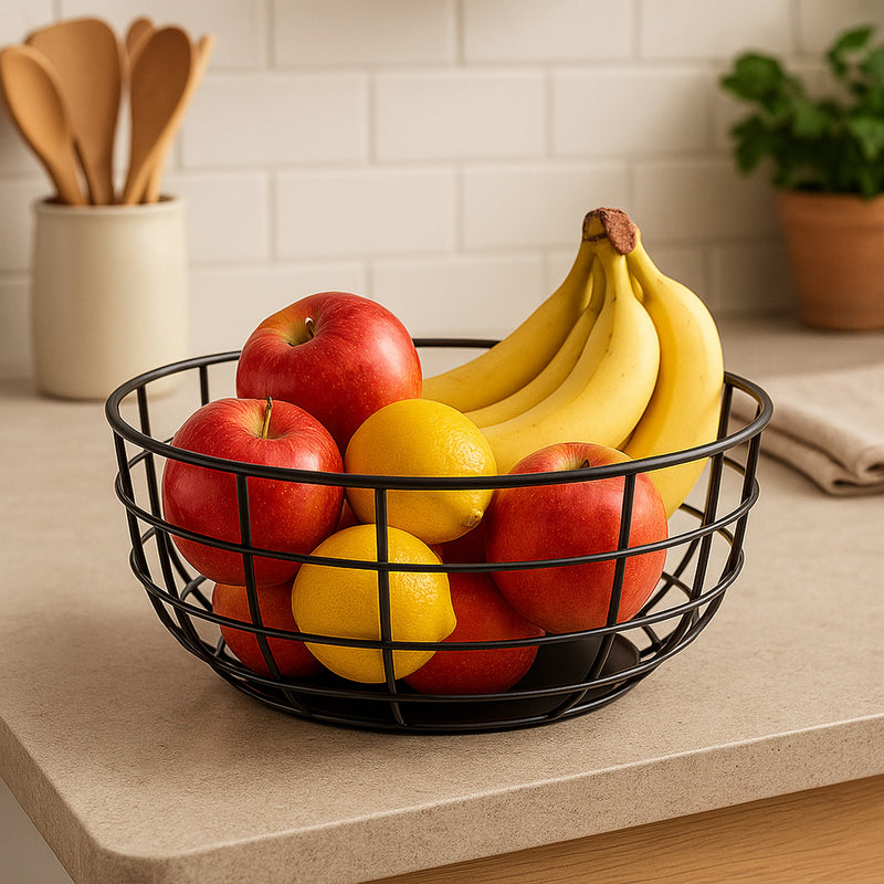 REGENT KITCHEN ROUND STEEL WIRE FRUIT BASKET POWDER COATED BLACK, (240MM DIA)