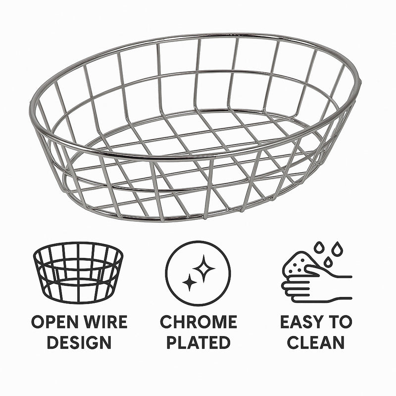 REGENT CHROME OVAL WIRE SERVING BASKET, 230X150MM