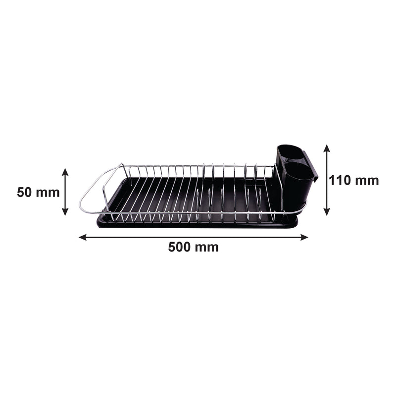 REGENT CHROME COMPACT DISH RACK WITH BLACK PLASTIC CUTLERY HOLDER AND TRAY, (475X175X135MM)