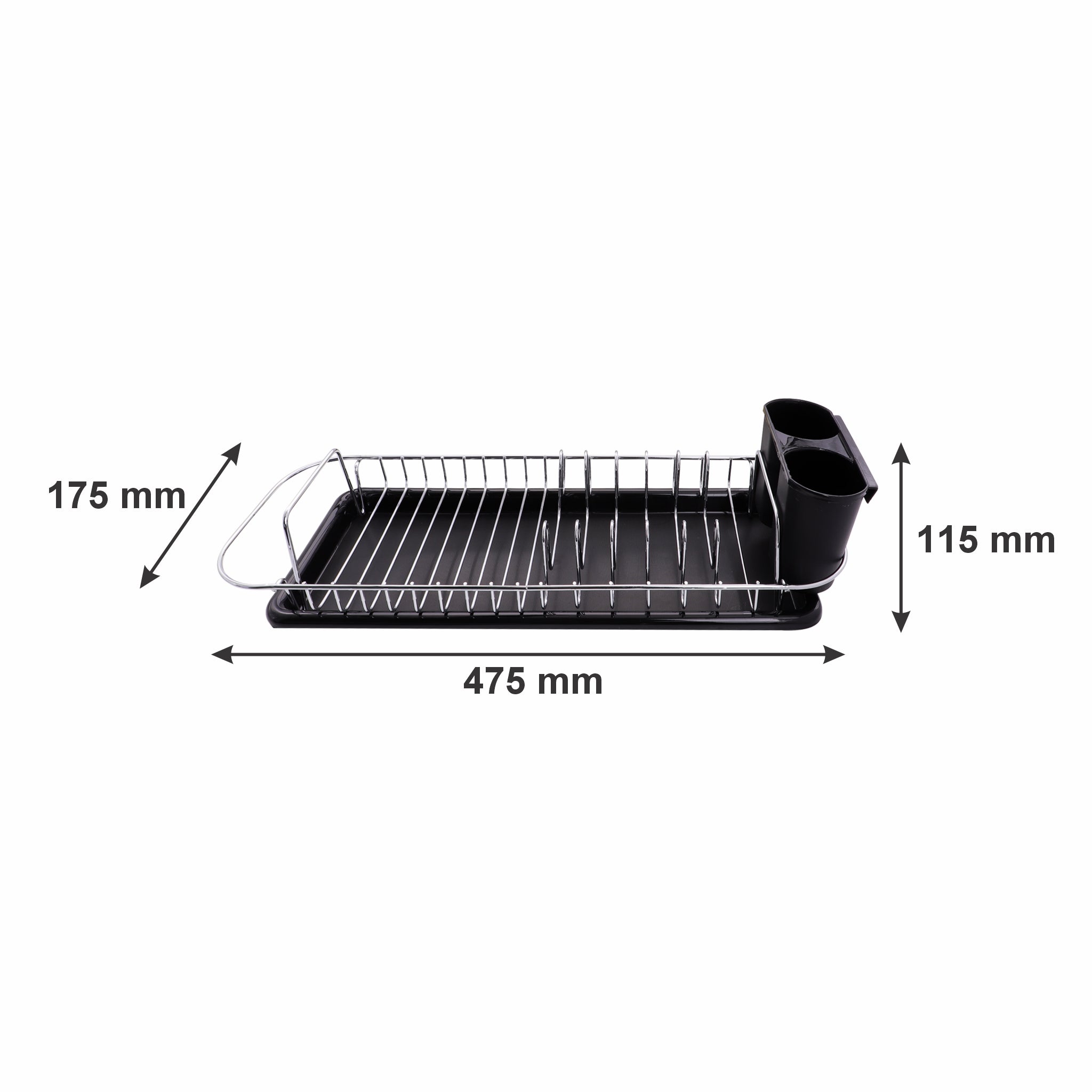 REGENT CHROME COMPACT DISH RACK WITH BLACK PLASTIC CUTLERY HOLDER AND TRAY, 475X175MM