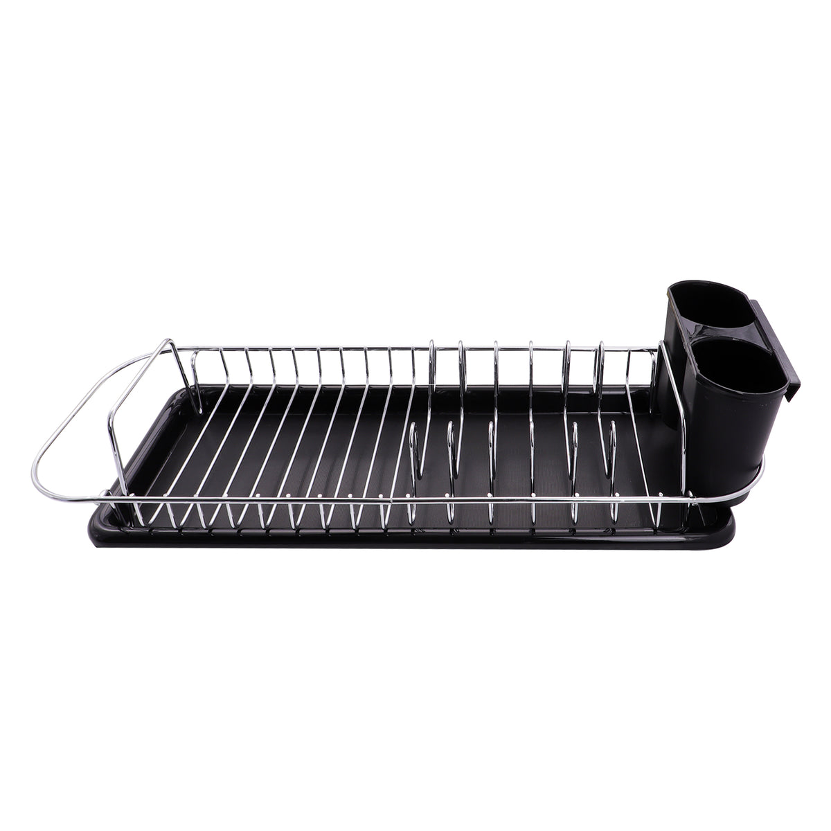 REGENT CHROME COMPACT DISH RACK WITH BLACK PLASTIC CUTLERY HOLDER AND TRAY, 475X175MM