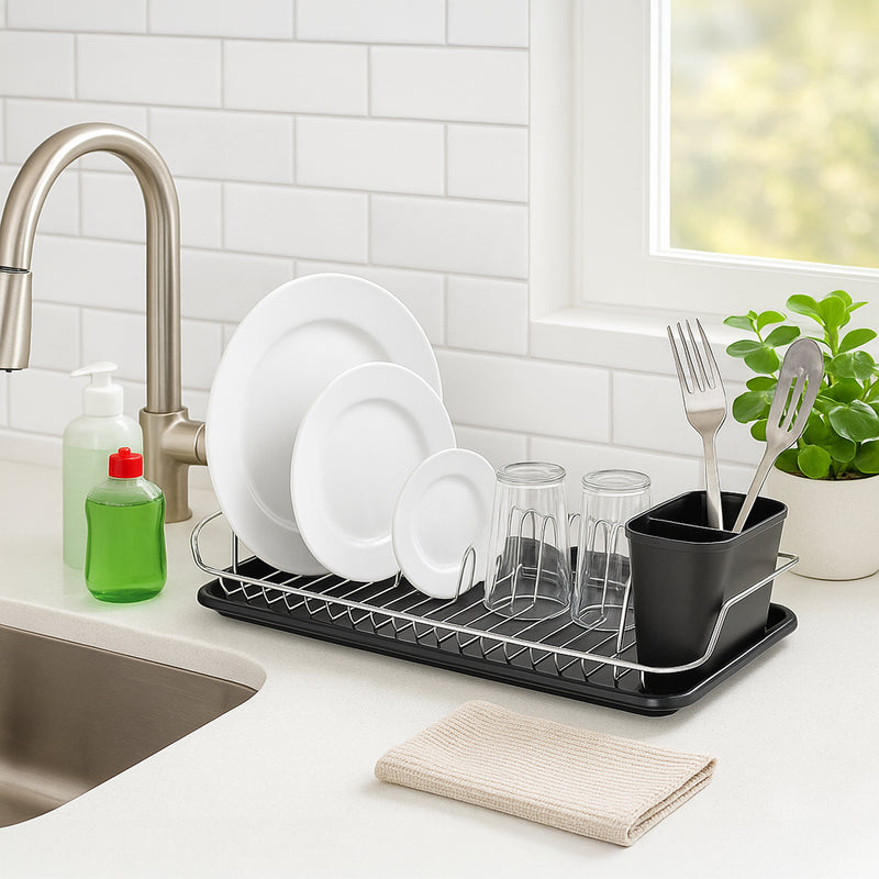 REGENT CHROME COMPACT DISH RACK WITH BLACK PLASTIC CUTLERY HOLDER AND TRAY, 475X175MM