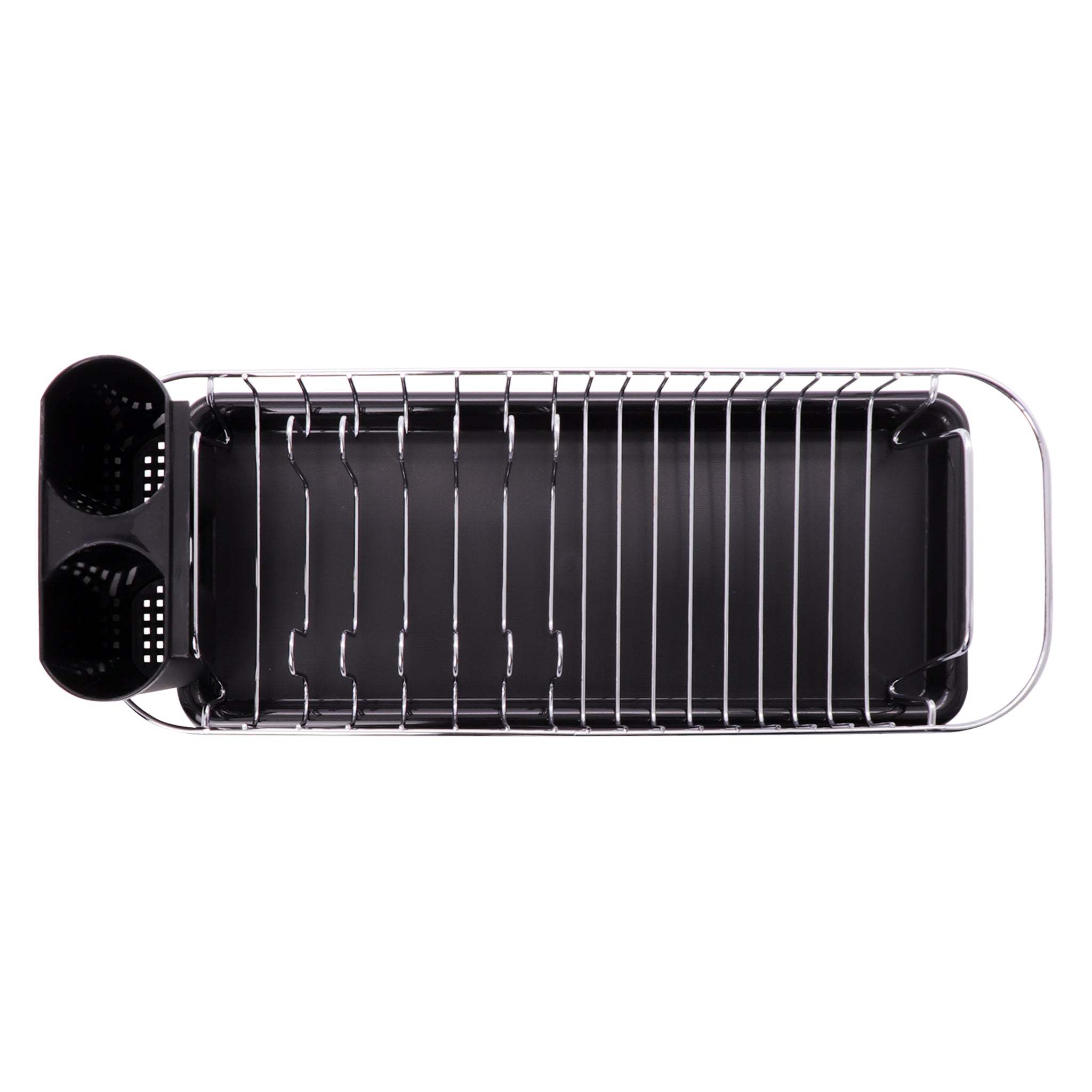 REGENT CHROME COMPACT DISH RACK WITH BLACK PLASTIC CUTLERY HOLDER AND TRAY, 475X175MM