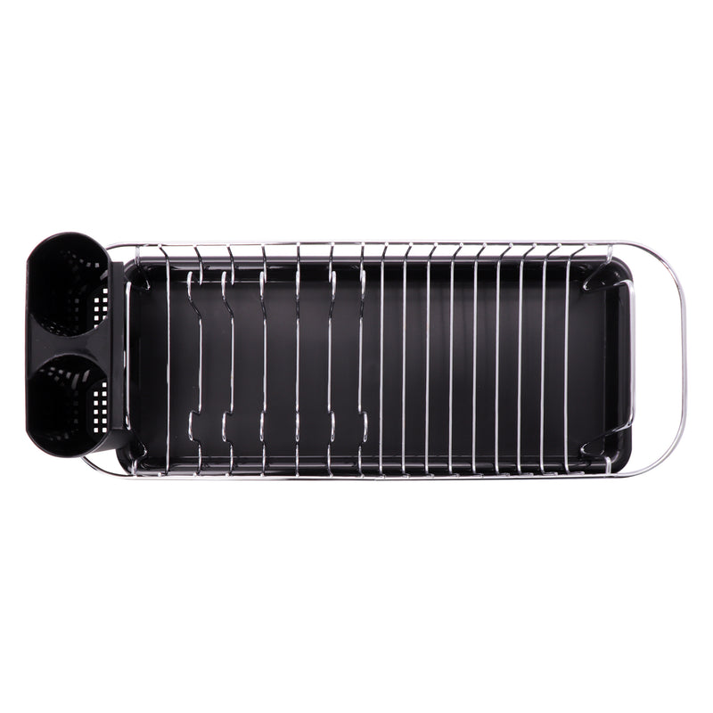 REGENT CHROME COMPACT DISH RACK WITH BLACK PLASTIC CUTLERY HOLDER AND TRAY, (475X175X135MM)