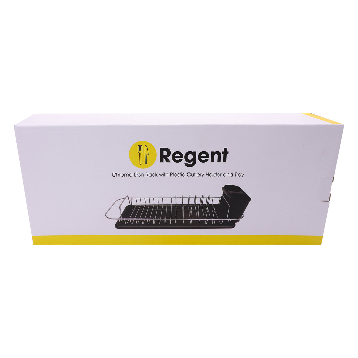 REGENT CHROME COMPACT DISH RACK WITH BLACK PLASTIC CUTLERY HOLDER AND TRAY, 475X175MM