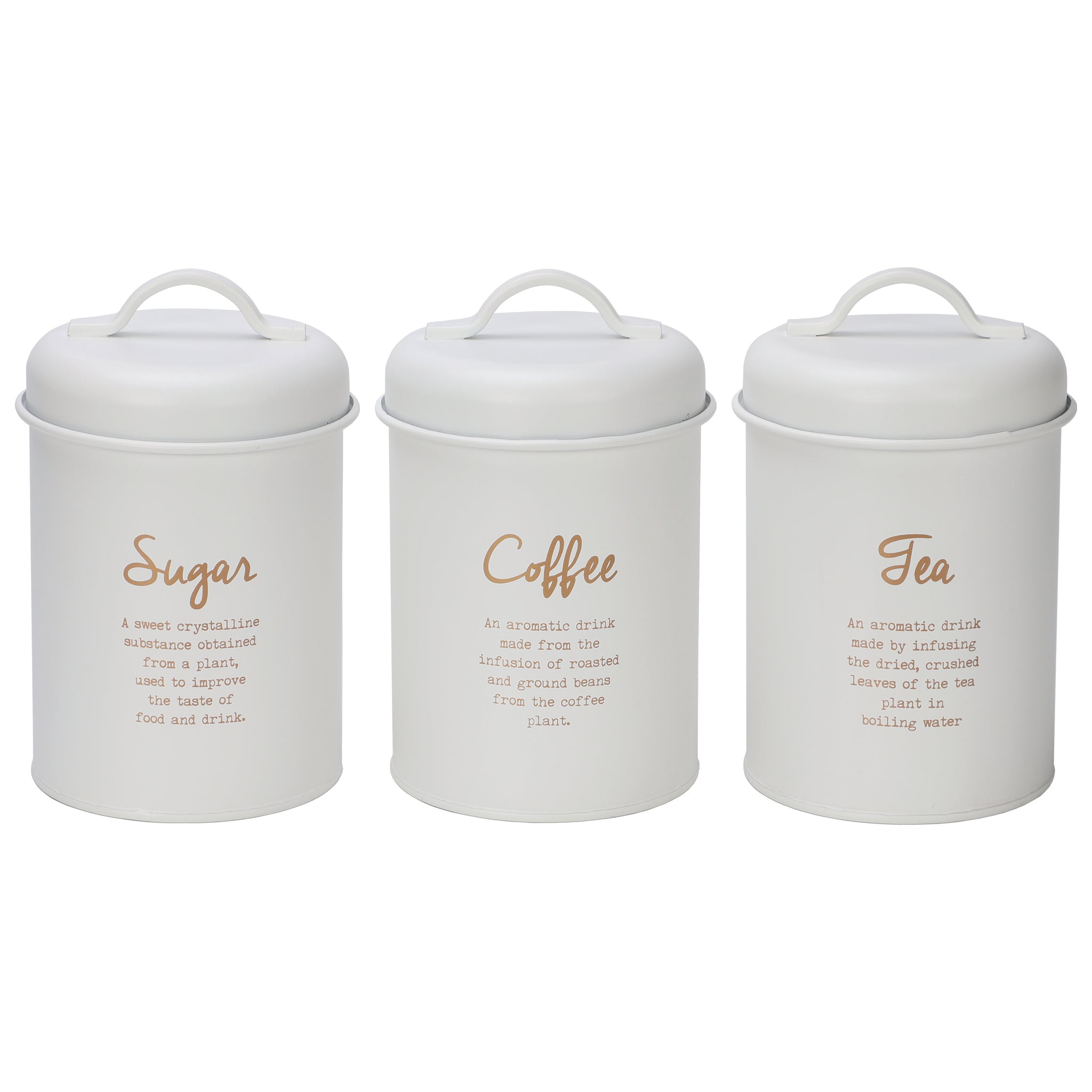REGENT SUGAR, COFFEE AND TEA CANISTERS WHITE WITH GOLD PRINT 3PK SET
