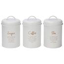 REGENT KITCHEN TEA, COFFEE AND SUGAR CANISTERS WHITE WITH GOLD PRINTING 3 PCE SET, (100MM DIAX160MM)