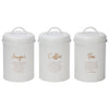 REGENT KITCHEN TEA, COFFEE AND SUGAR CANISTERS WHITE WITH GOLD PRINTING 3 PCE SET, (100MM DIAX160MM)