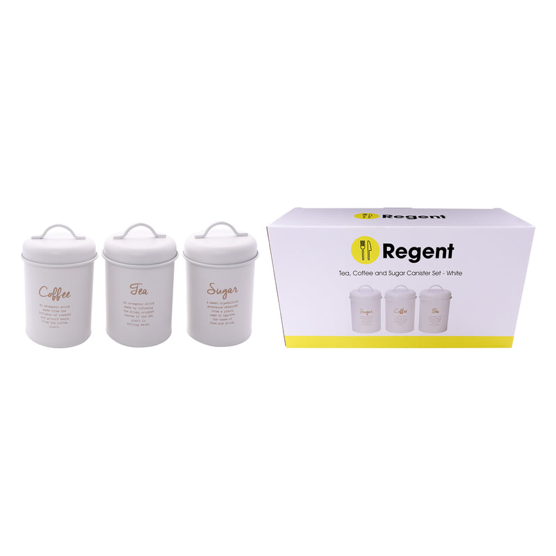 REGENT KITCHEN TEA, COFFEE AND SUGAR CANISTERS WHITE WITH GOLD PRINTING 3 PCE SET, (100MM DIAX160MM)