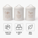 REGENT SUGAR, COFFEE AND TEA CANISTERS WHITE WITH GOLD PRINT 3 PCE SET