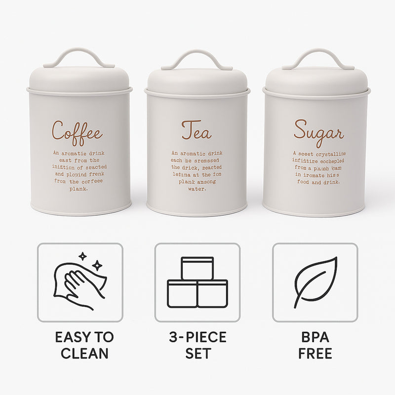 REGENT SUGAR, COFFEE AND TEA CANISTERS WHITE WITH GOLD PRINT 3 PCE SET