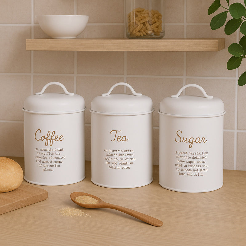 REGENT SUGAR, COFFEE AND TEA CANISTERS WHITE WITH GOLD PRINT 3 PCE SET