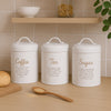 REGENT SUGAR, COFFEE AND TEA CANISTERS WHITE WITH GOLD PRINT 3 PCE SET