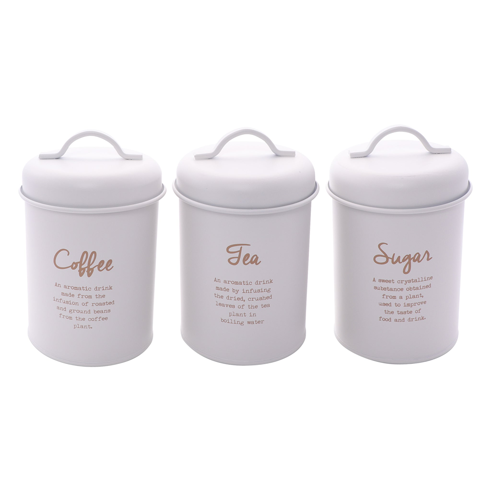 REGENT SUGAR, COFFEE AND TEA CANISTERS WHITE WITH GOLD PRINT 3PK SET