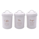 REGENT KITCHEN TEA, COFFEE AND SUGAR CANISTERS WHITE WITH GOLD PRINTING 3 PCE SET, (100MM DIAX160MM)
