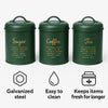 REGENT SUGAR, COFFEE & TEA CANISTERS GREEN WITH GOLD PRINT 3PK SET