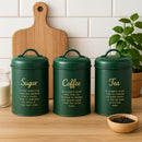 REGENT SUGAR, COFFEE & TEA CANISTERS GREEN WITH GOLD PRINT 3PK SET