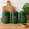 REGENT SUGAR, COFFEE & TEA CANISTERS GREEN WITH GOLD PRINT 3PK SET