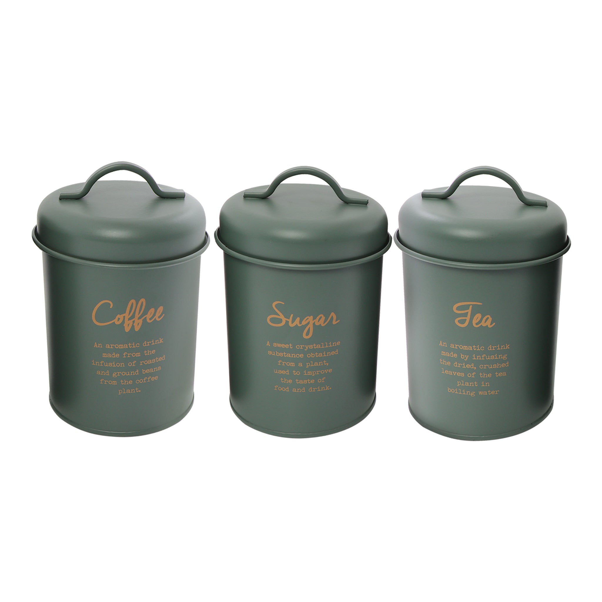 REGENT SUGAR, COFFEE & TEA CANISTERS GREEN WITH GOLD PRINT 3PK SET