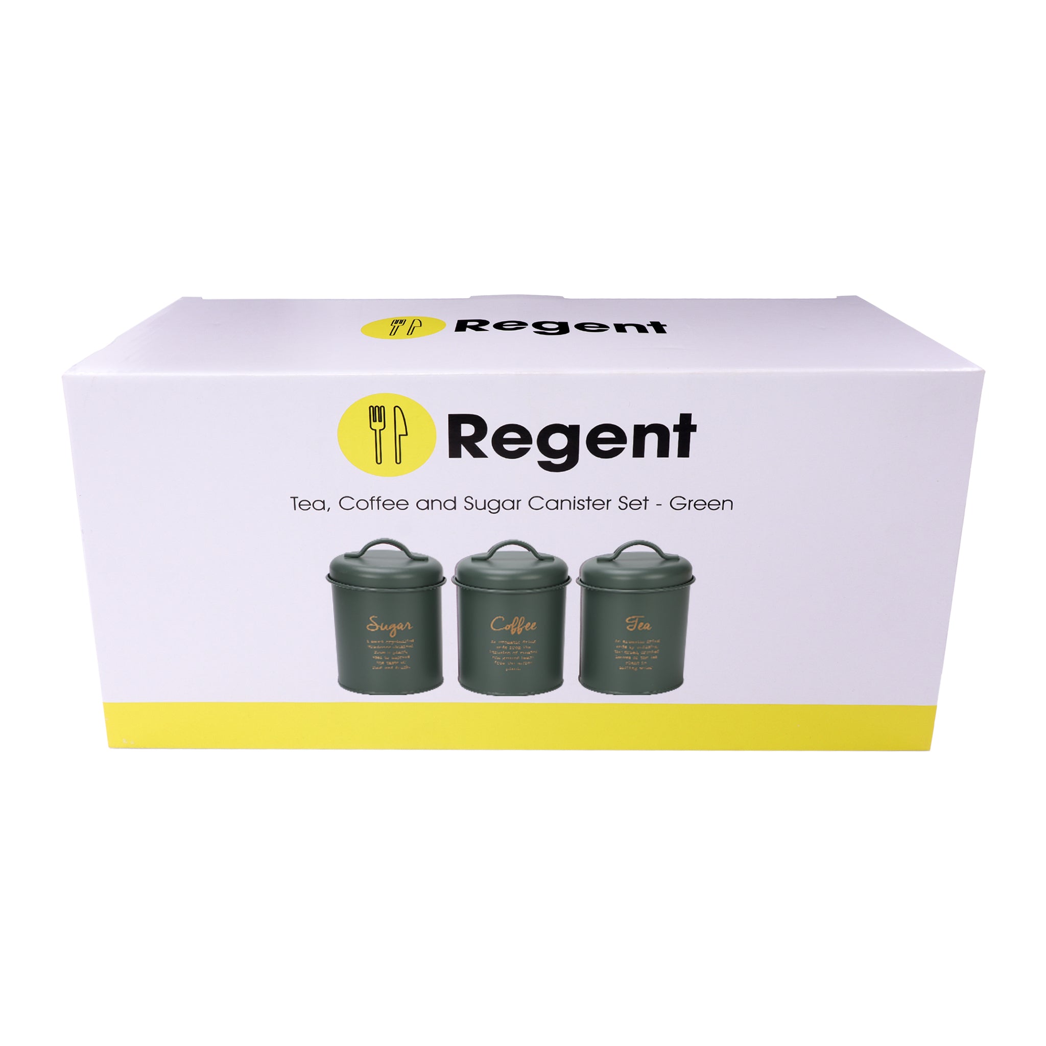 REGENT SUGAR, COFFEE & TEA CANISTERS GREEN WITH GOLD PRINT 3PK SET