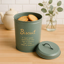 REGENT BISCUIT CANISTER GREEN WITH GOLD PRINT, 140MM DIA