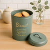 REGENT BISCUIT CANISTER GREEN WITH GOLD PRINT, 140MM DIA