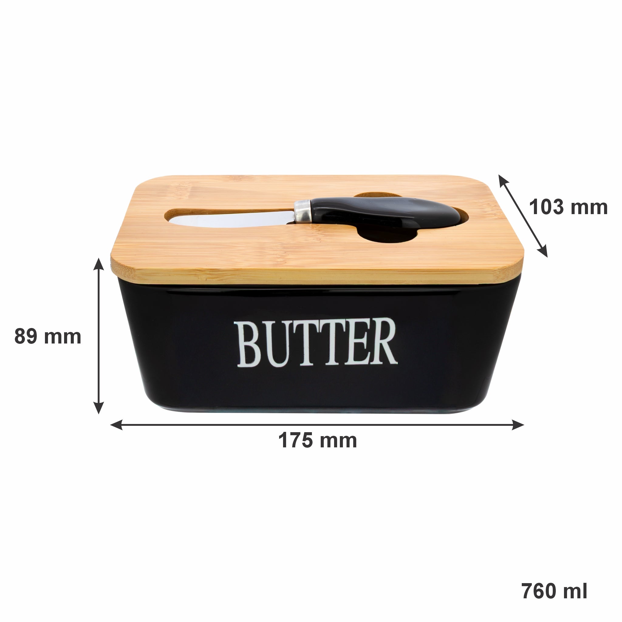 REGENT CERAMIC BUTTER DISH BLACK WITH BAMBOO LID AND SS KNIFE, 175X103MM