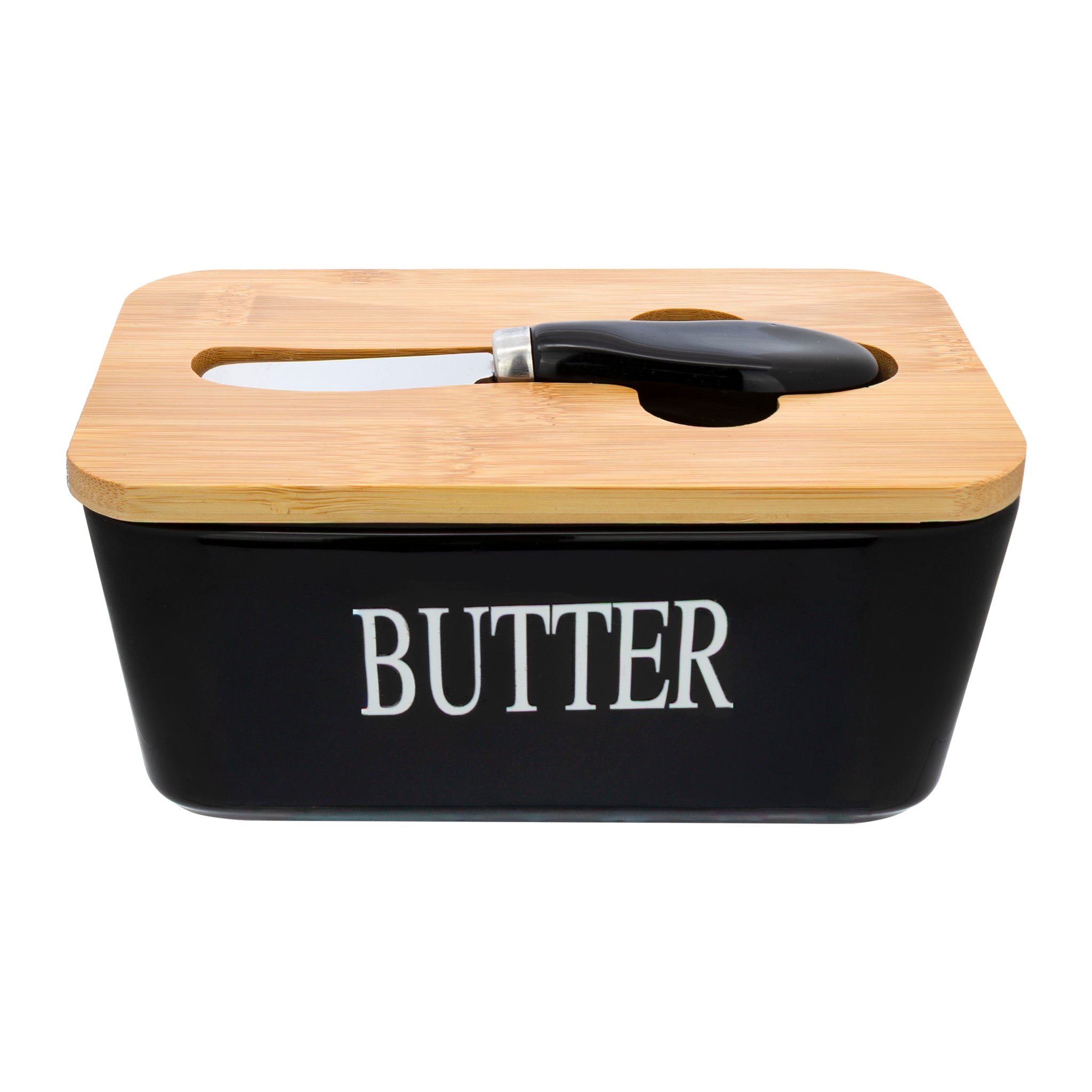 REGENT CERAMIC BUTTER DISH BLACK WITH BAMBOO LID AND SS KNIFE, 175X103MM
