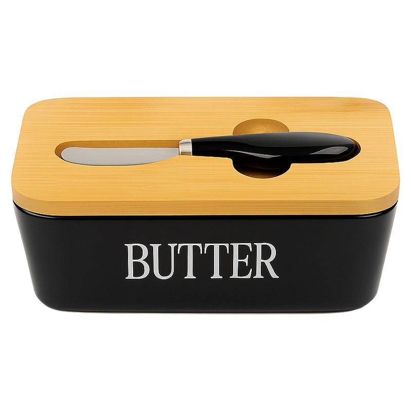 REGENT CERAMIC BUTTTER DISH BLACK WITH BAMBOO LID AND SS KNIFE, 175X103MM