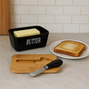 REGENT CERAMIC BUTTTER DISH BLACK WITH BAMBOO LID AND SS KNIFE, 175X103MM