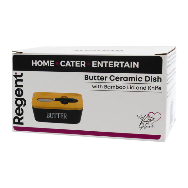 REGENT CERAMIC BUTTTER DISH BLACK WITH BAMBOO LID AND SS KNIFE, 175X103MM