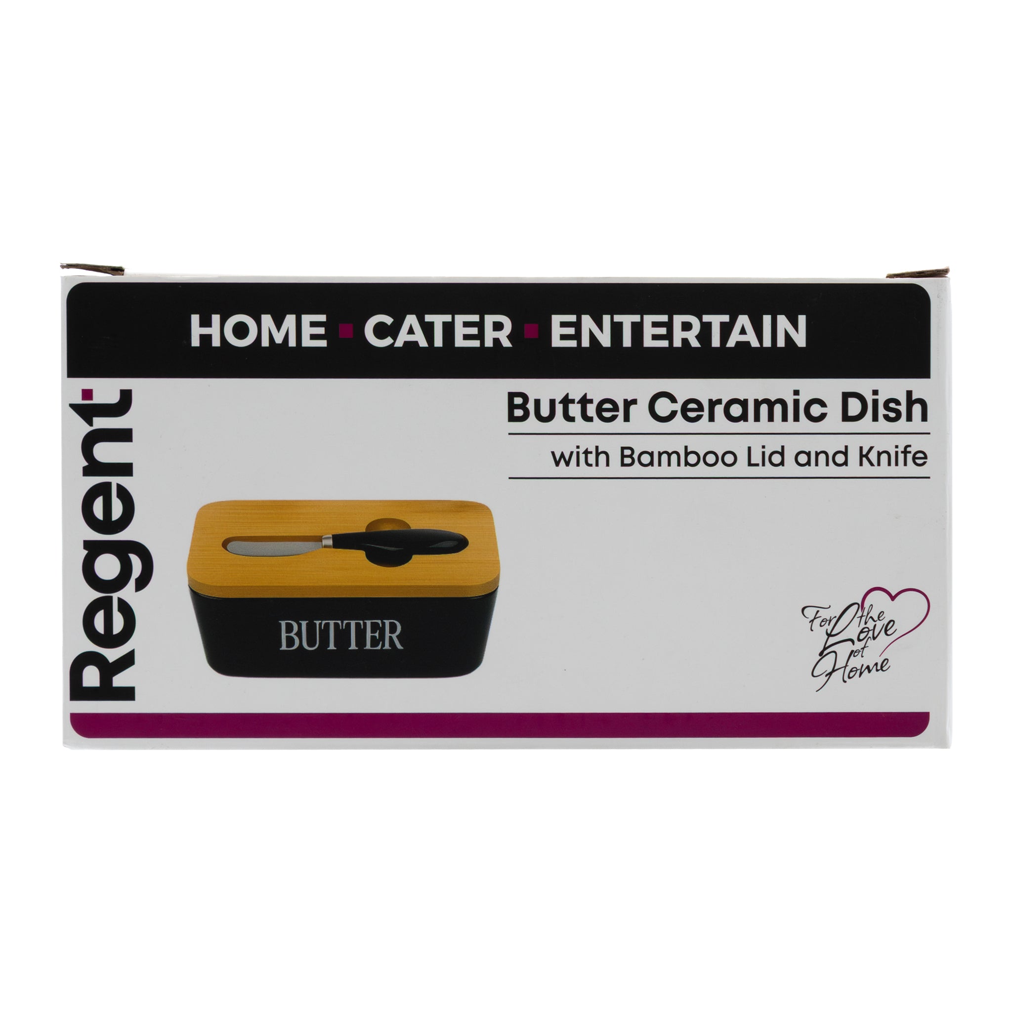 REGENT CERAMIC BUTTER DISH BLACK WITH BAMBOO LID AND SS KNIFE, 175X103MM