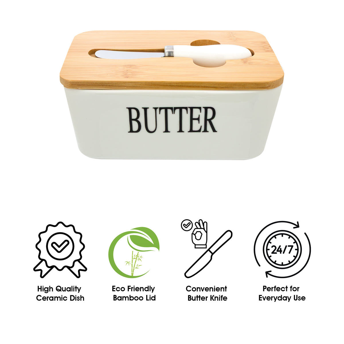 REGENT CERAMIC BUTTER DISH WHITE WITH BAMBOO LID AND SS KNIFE, 175X103MM