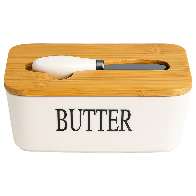 REGENT CERAMIC BUTTTER DISH WHITE WITH BAMBOO LID AND SS KNIFE, 175X103MM