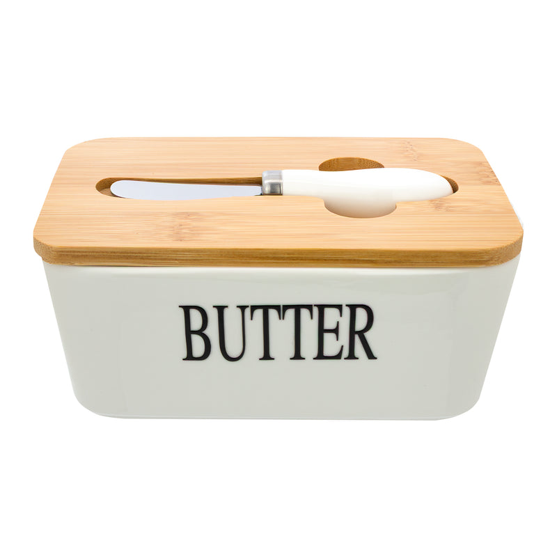REGENT CERAMIC BUTTTER DISH WHITE WITH BAMBOO LID AND SS KNIFE, 175X103MM