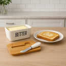 REGENT CERAMIC BUTTTER DISH WHITE WITH BAMBOO LID AND SS KNIFE, 175X103MM