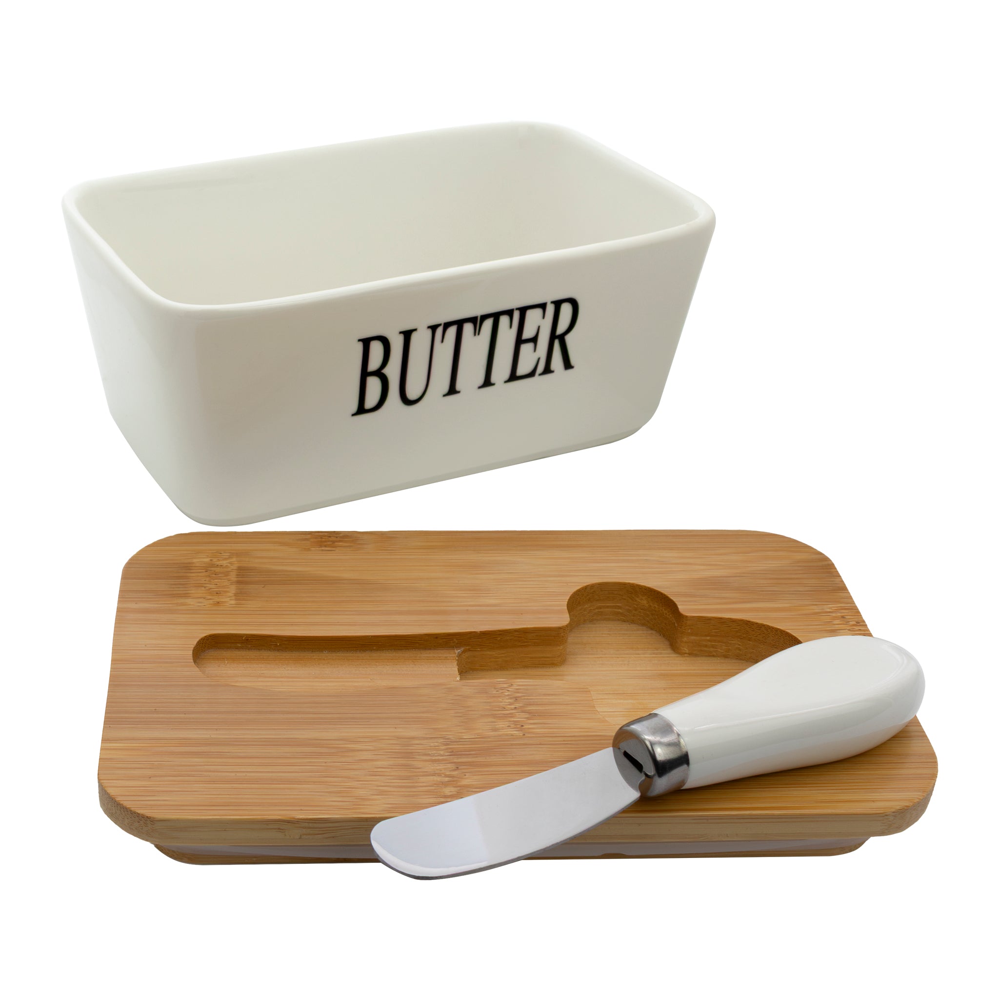 REGENT CERAMIC BUTTER DISH WHITE WITH BAMBOO LID AND SS KNIFE, 175X103MM
