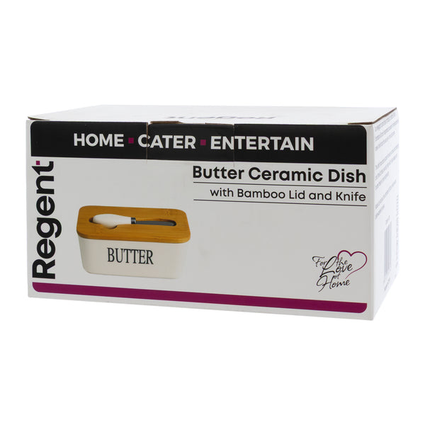 REGENT CERAMIC BUTTTER DISH WHITE WITH BAMBOO LID AND SS KNIFE, 175X103MM