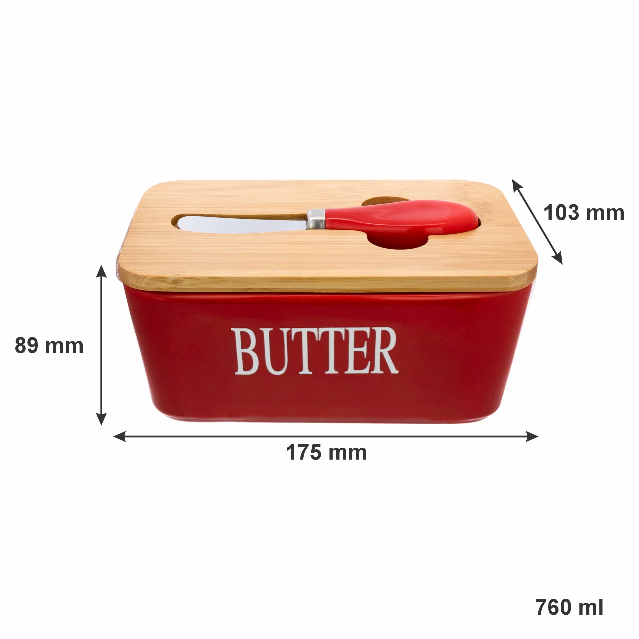 REGENT CERAMIC BUTTER DISH RED WITH BAMBOO LID AND SS KNIFE, 175X103MM