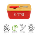 REGENT CERAMIC BUTTTER DISH RED WITH BAMBOO LID AND SS KNIFE, 175X103MM