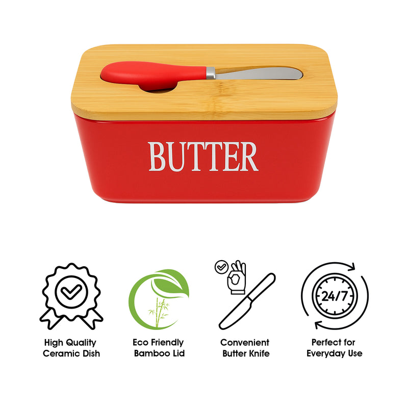 REGENT CERAMIC BUTTTER DISH RED WITH BAMBOO LID AND SS KNIFE, 175X103MM