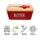 REGENT CERAMIC BUTTTER DISH RED WITH BAMBOO LID AND SS KNIFE, 175X103MM