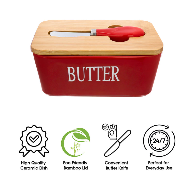 REGENT CERAMIC BUTTTER DISH RED WITH BAMBOO LID AND SS KNIFE, 175X103MM