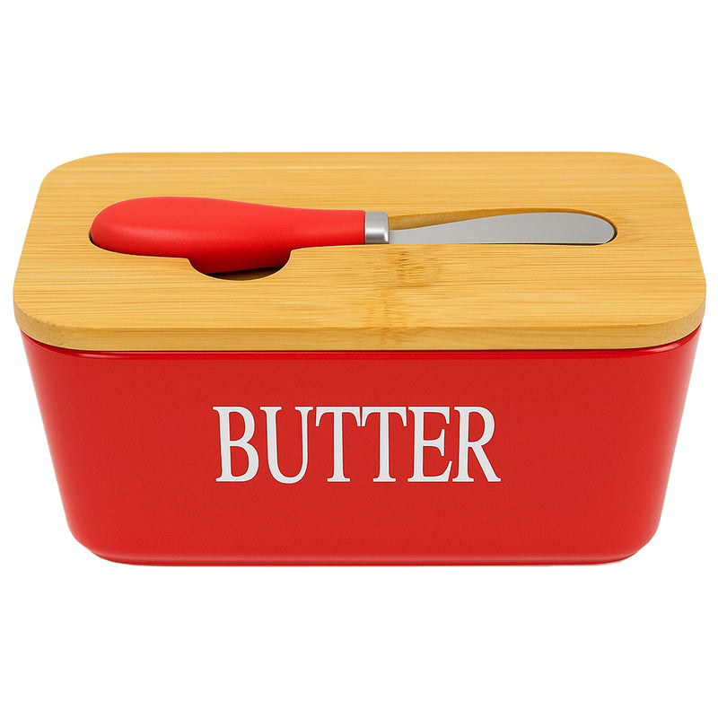REGENT CERAMIC BUTTTER DISH RED WITH BAMBOO LID AND SS KNIFE, 175X103MM