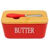 REGENT CERAMIC BUTTTER DISH RED WITH BAMBOO LID AND SS KNIFE, 175X103MM