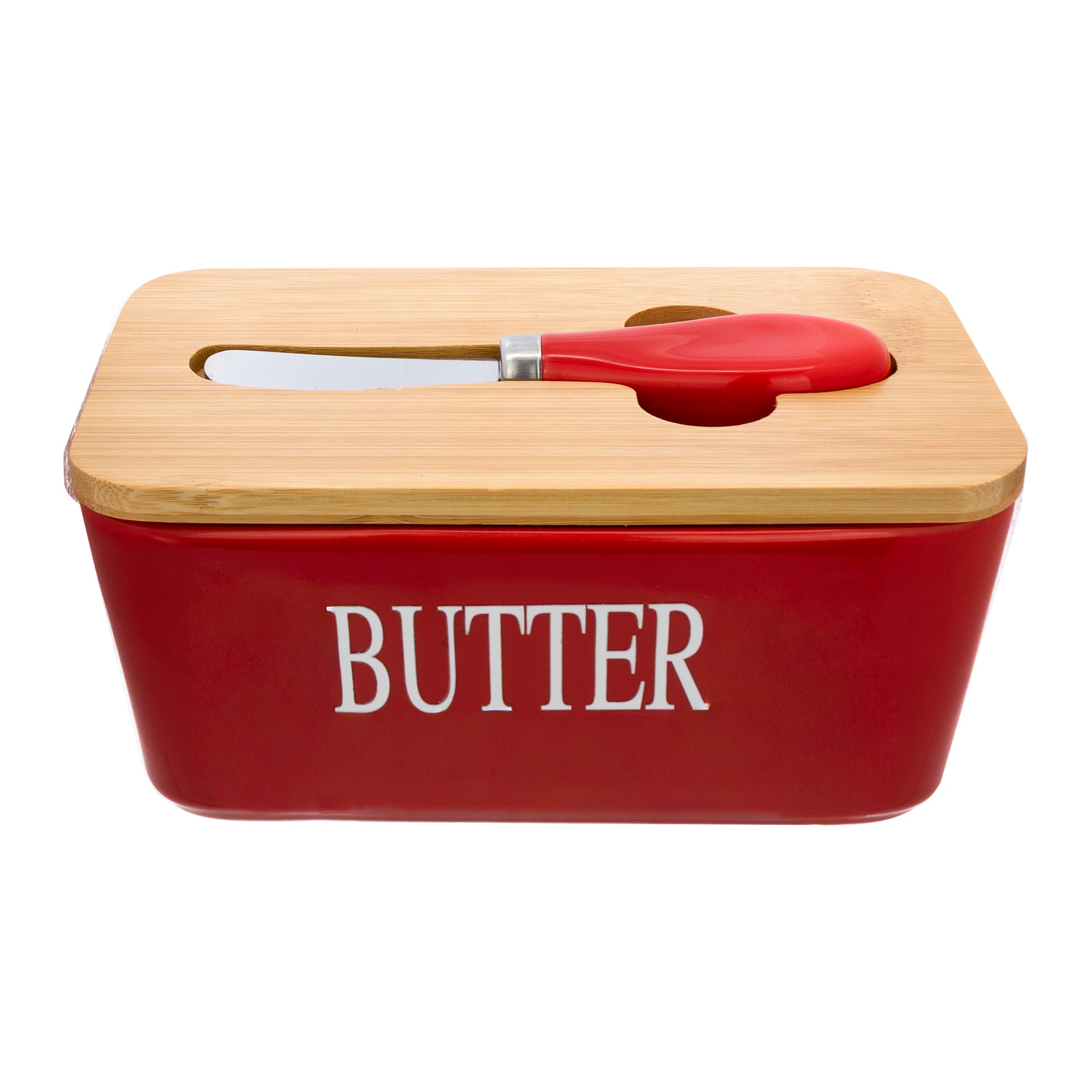 REGENT CERAMIC BUTTER DISH RED WITH BAMBOO LID AND SS KNIFE, 175X103MM