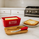 REGENT CERAMIC BUTTTER DISH RED WITH BAMBOO LID AND SS KNIFE, 175X103MM