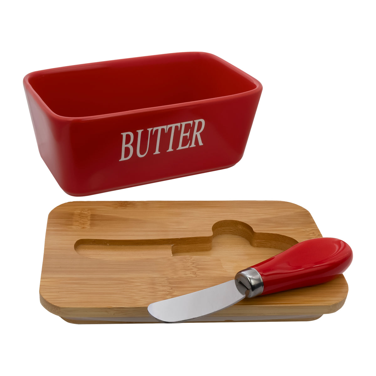 REGENT CERAMIC BUTTER DISH RED WITH BAMBOO LID AND SS KNIFE, 175X103MM