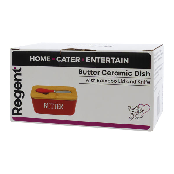 REGENT CERAMIC BUTTTER DISH RED WITH BAMBOO LID AND SS KNIFE, 175X103MM